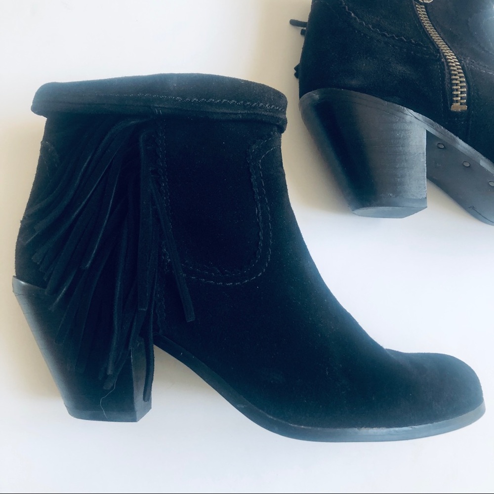 Sam Edelman Louie Black Suede Ankle Zip Bootie Fringe Western - Picture 5 of 9